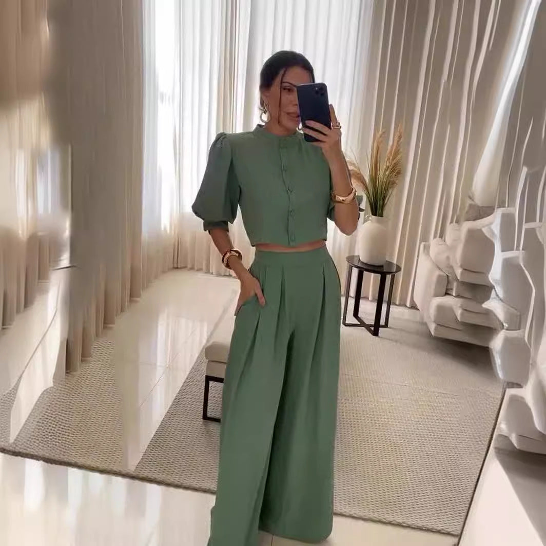 Summer Striped Half Sleeve Top Trousers Suit Women Clothing - Modestly Vogue 
