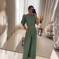 Summer Striped Half Sleeve Top Trousers Suit Women Clothing - Modestly Vogue 