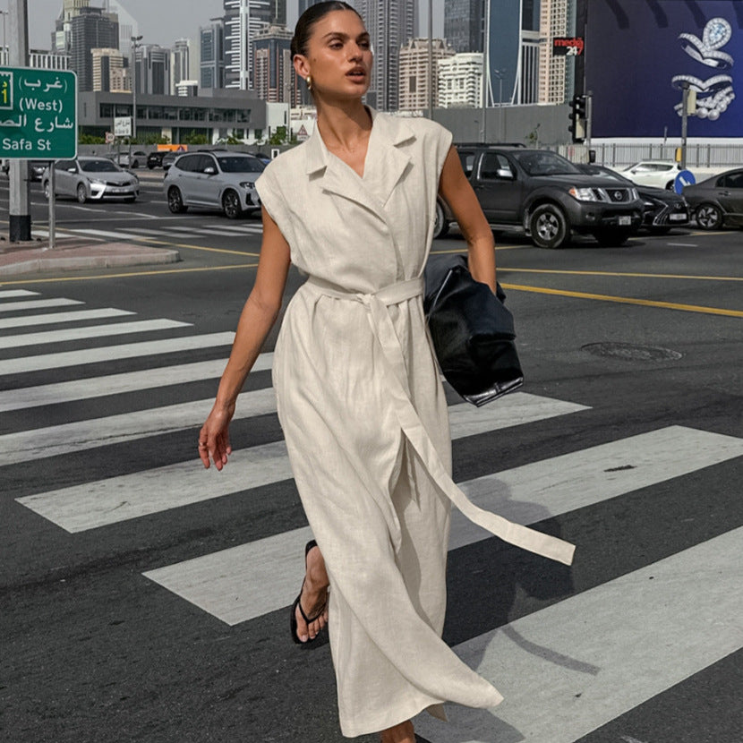 Spring Summer Cotton Linen Belted Office Dress for Women - Modestly Vogue 