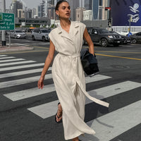 Spring Summer Cotton Linen Belted Office Dress for Women - Modestly Vogue 