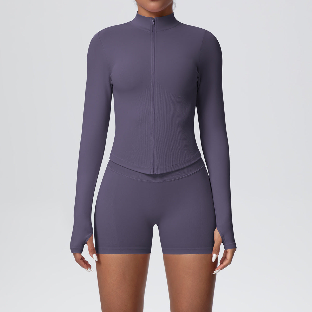 Stand Collar Knitted Long Sleeve Zipper Yoga Jacket Tight Quick Drying Yoga Shorts Fitness Yoga Wear Set for Women - Modestly Vogue 