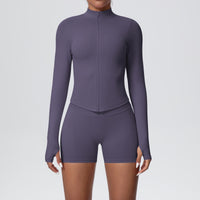 Stand Collar Knitted Long Sleeve Zipper Yoga Jacket Tight Quick Drying Yoga Shorts Fitness Yoga Wear Set for Women - Modestly Vogue 