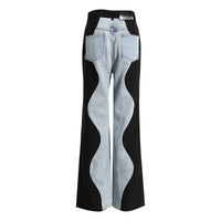 Black Blue Wave Stitch Jeans – Women’s Wide-Leg Denim Pants