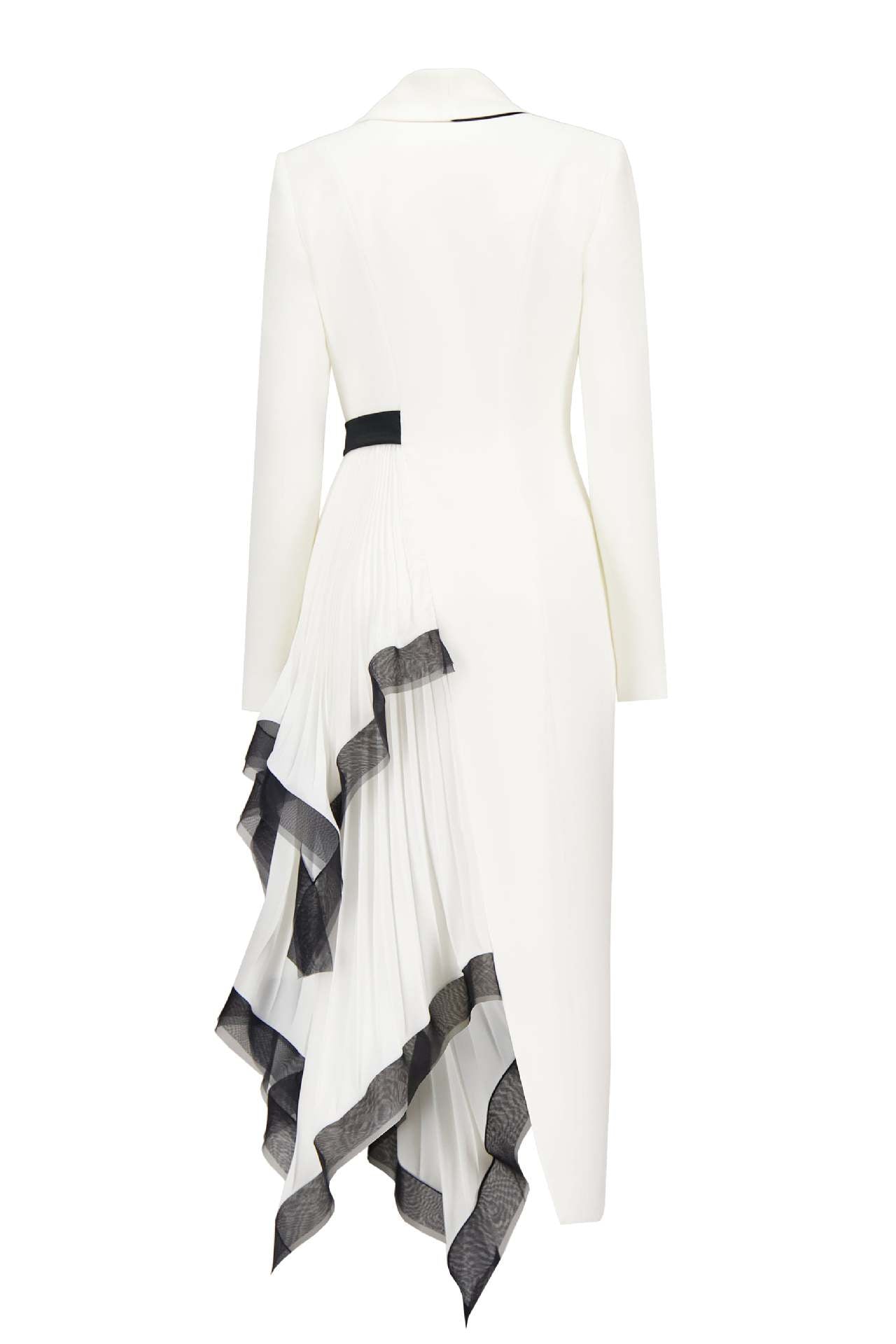 White and Black Asymmetric Pleated Elegant Ruffled Contrast Color Long Blazer Dress - Modestly Vogue 