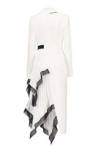 White and Black Asymmetric Pleated Elegant Ruffled Contrast Color Long Blazer Dress - Modestly Vogue 