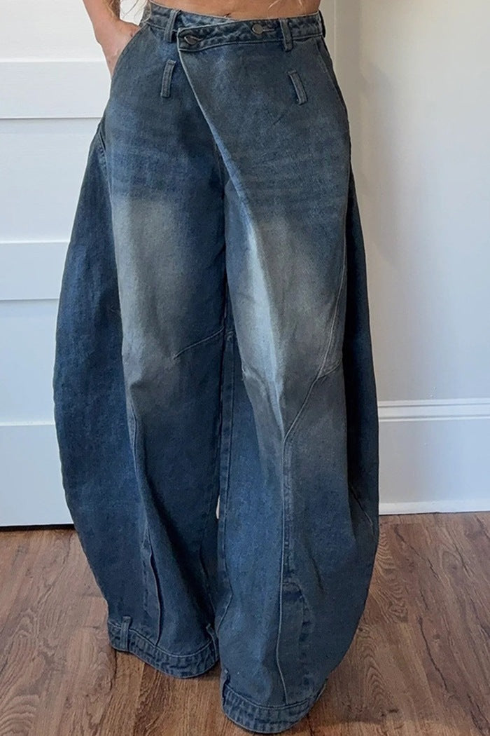 Washed Distressed Pocket Wide Loose Jeans Women