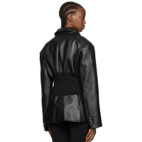 Black  Design Model Faux Leather Jacket Patchwork Knitted Super Tight Waist Contour - Modestly Vogue 