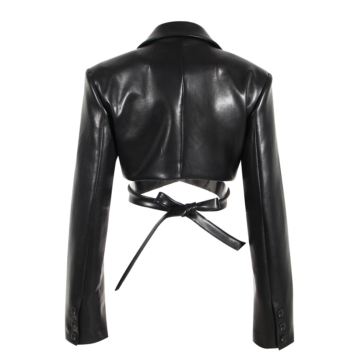 Black Field Full Open Criss Cross Lace Up Waist Controlled Show Chest Long Sleeve Faux Leather Short Coat Women