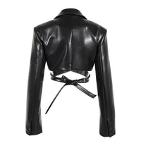 Black Field Full Open Criss Cross Lace Up Waist Controlled Show Chest Long Sleeve Faux Leather Short Coat Women