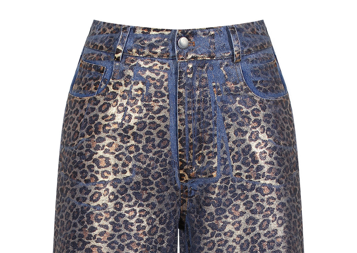 Niche Printed Gradual Layer Leopard Print Jeans Women Autumn Loose Street Straight Leg Trousers Tide