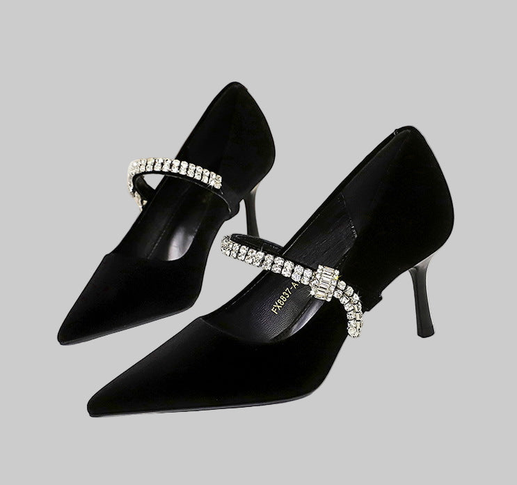 Rhinestone Strap Pointed Toe Suede Stiletto High Heels for Women