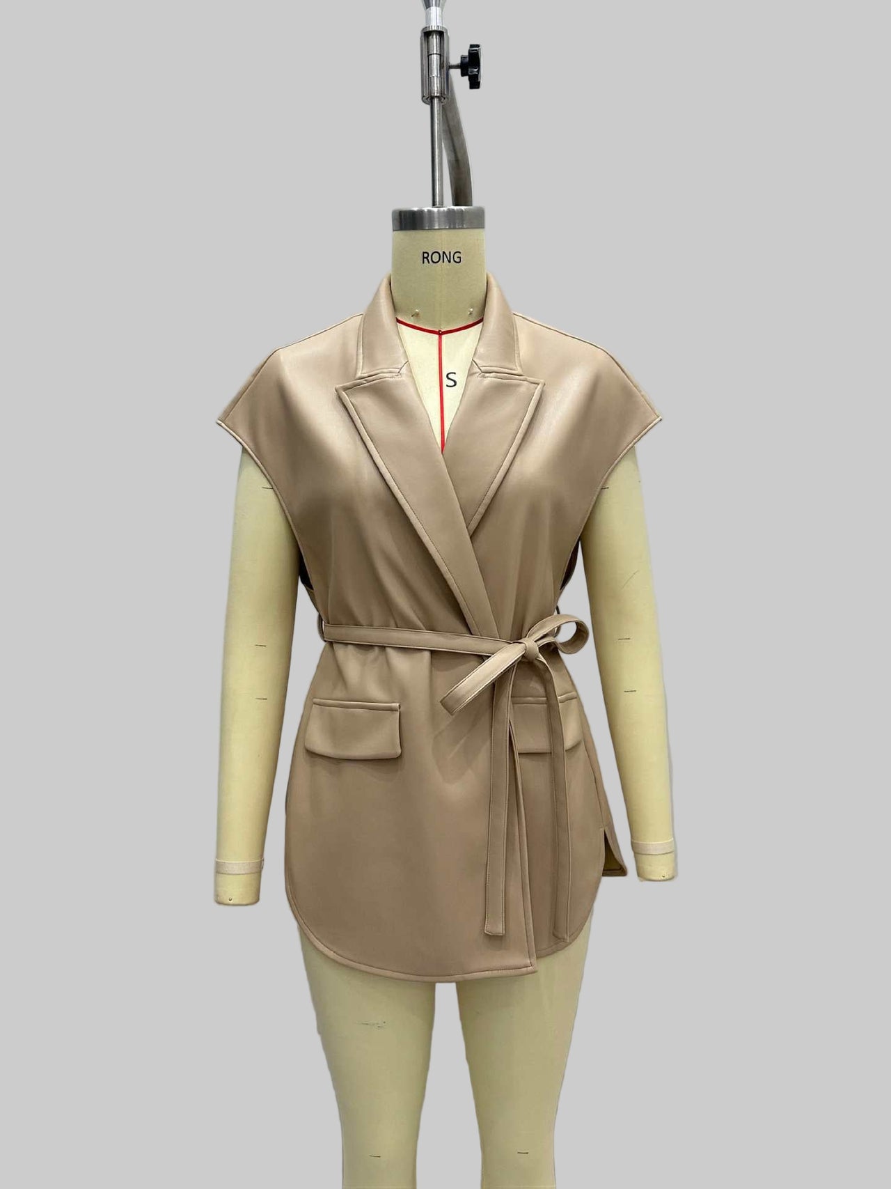 Collar Leather High Grade Sleeveless Lace up Waist Double Pocket Velvet Vest Jacket Coat - Modestly Vogue 