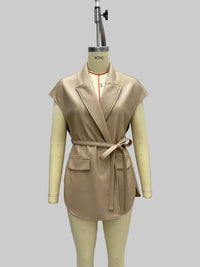 Collar Leather High Grade Sleeveless Lace up Waist Double Pocket Velvet Vest Jacket Coat - Modestly Vogue 