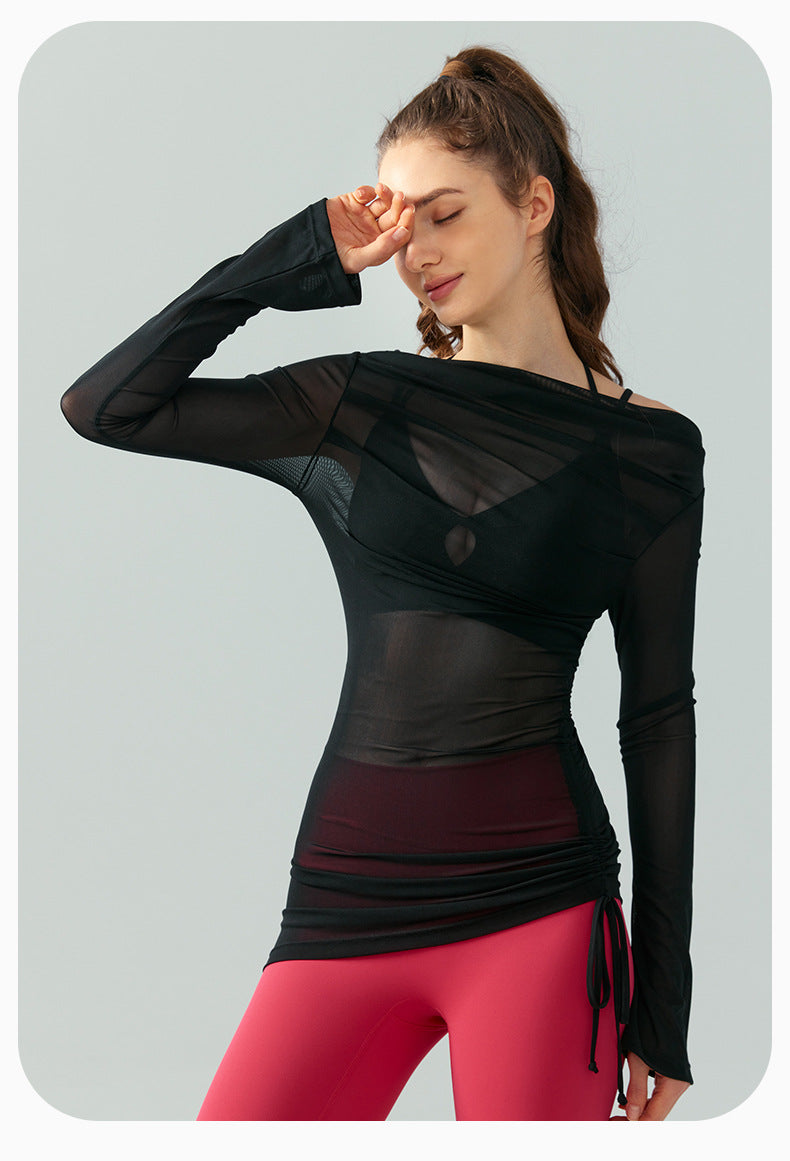 Long Sleeve Mesh Yoga Blouse Off-Shoulder Sports Top