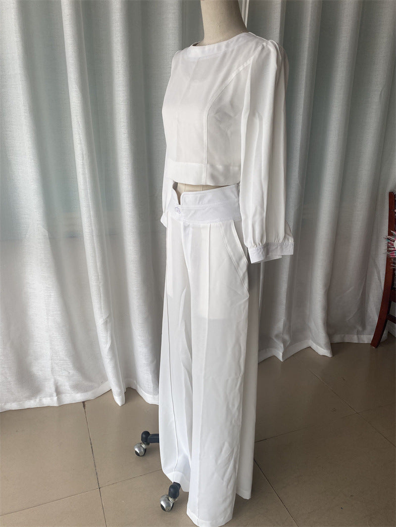 Women Clothing Short Long-Sleeved Top High Waist Wide Leg Pants Two Piece Set - Modestly Vogue 
