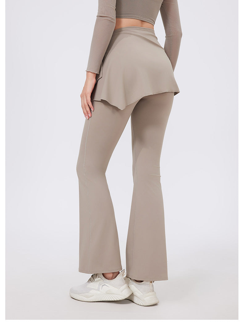 Two-Piece Yoga Set | High-Waist Pleated Bell Bottom Pants And Detachable Skirt - Modestly Vogue 