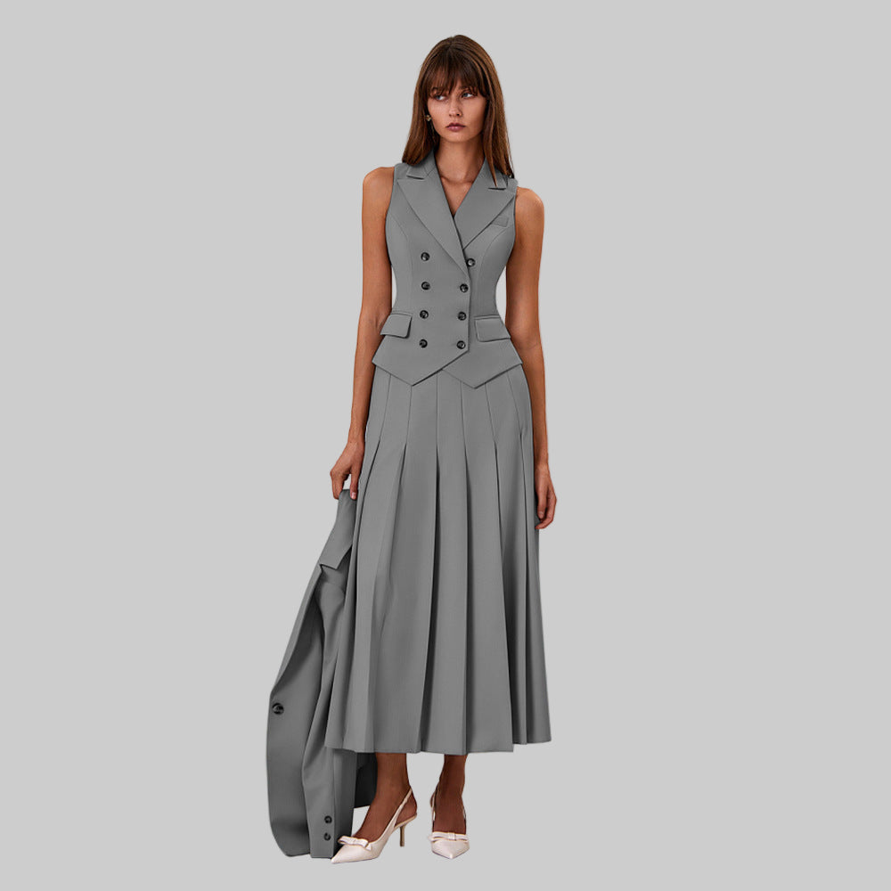 Neutral Autumn Elegant Maxi Skirt Sleeveless Vest Pleated Dress Two Piece Set - Modestly Vogue 