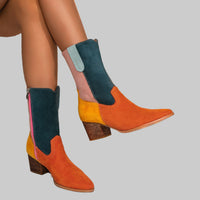 Women Pointed Toe Colorblock Western Boots Side Zipper Warm Lining Low Heel Middle Boots