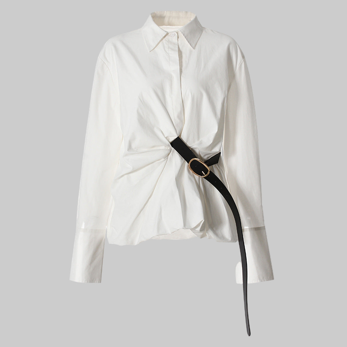 Pleated Waist Belted Mid-Length Shirt – White Casual Fashion Top - Modestly Vogue 