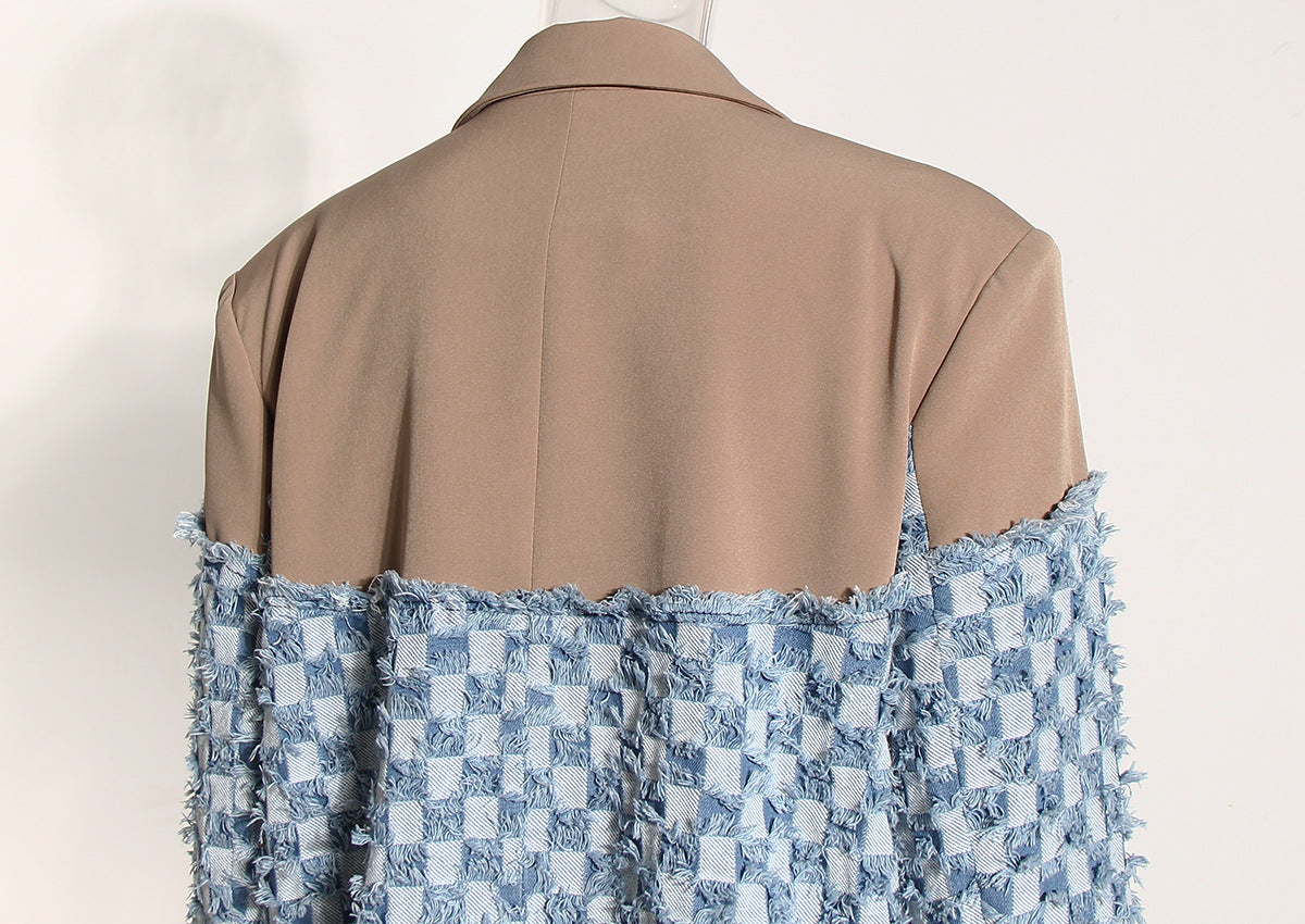 Blue Women Autumn Winter Color Contrast Patchwork Plaid Washed Worn Frayed Hem Denim Jacket