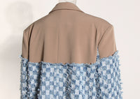 Blue Women Autumn Winter Color Contrast Patchwork Plaid Washed Worn Frayed Hem Denim Jacket