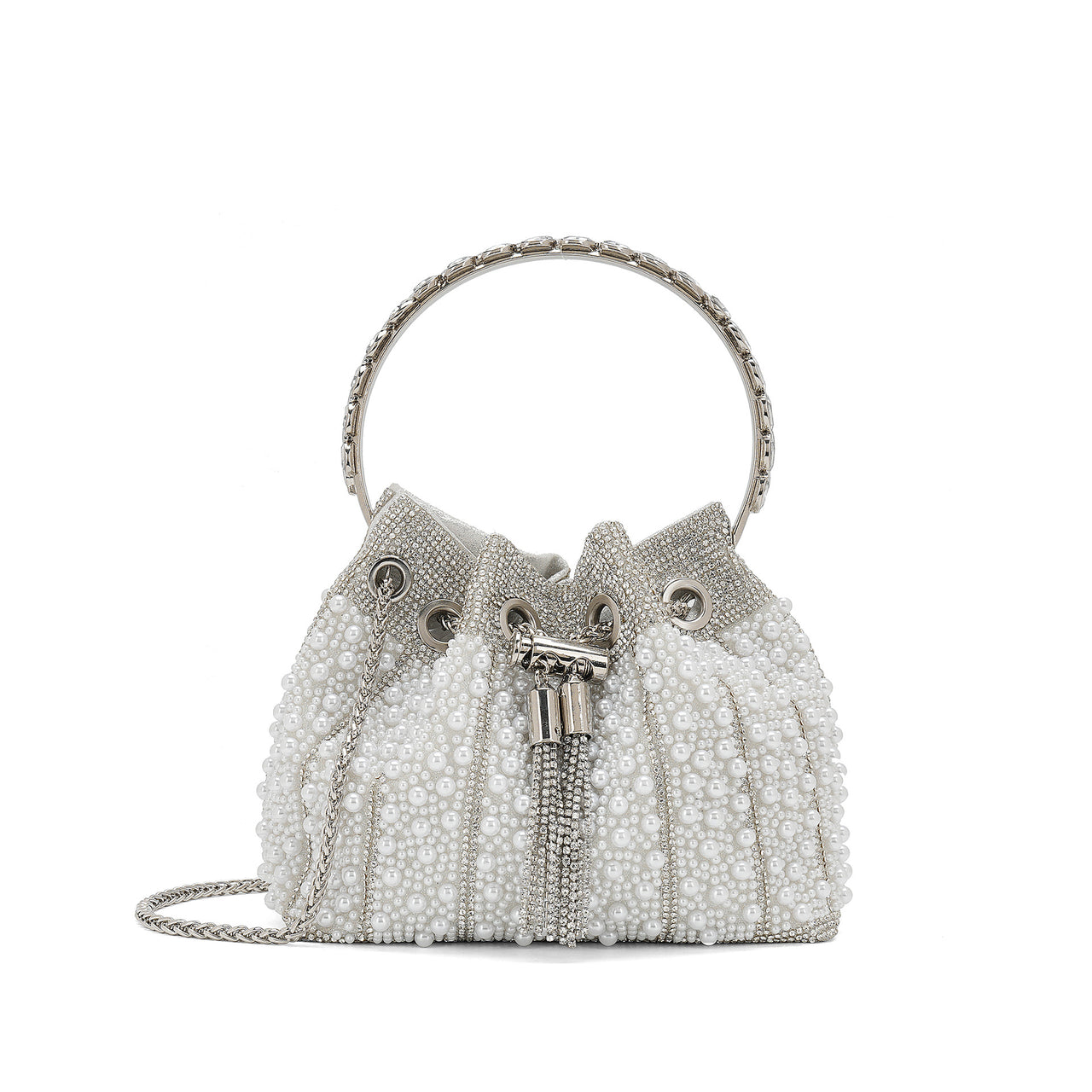 Diamond Beaded Dinner Bag – Fully Jewelled Tassel Bucket Handbag