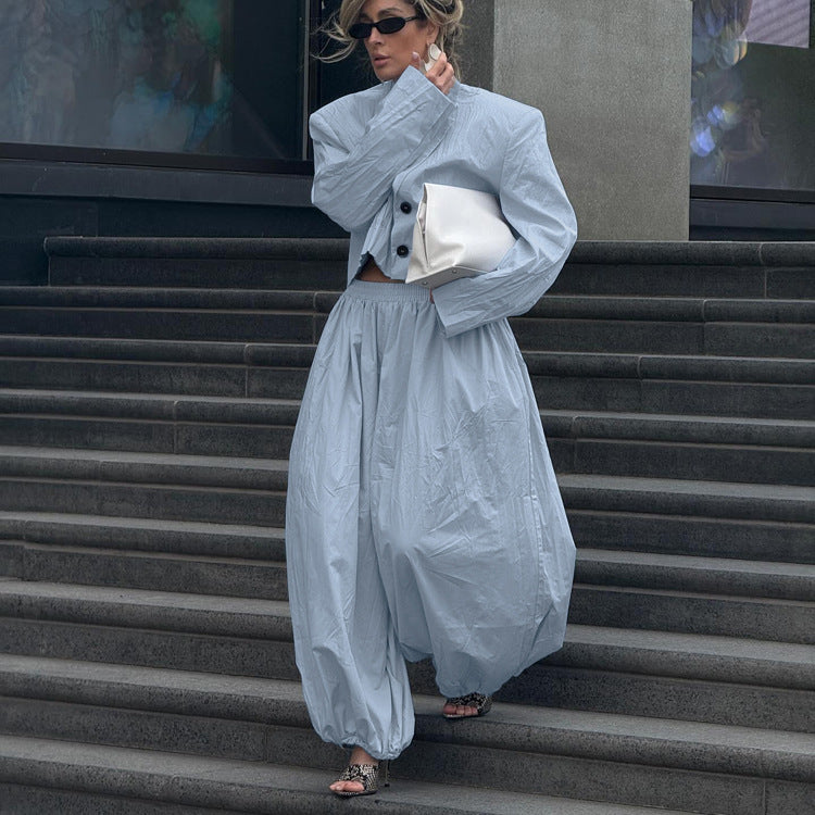 Women Collared Long Sleeve Top Loose Tappered Trousers Two Piece Set - Modestly Vogue 