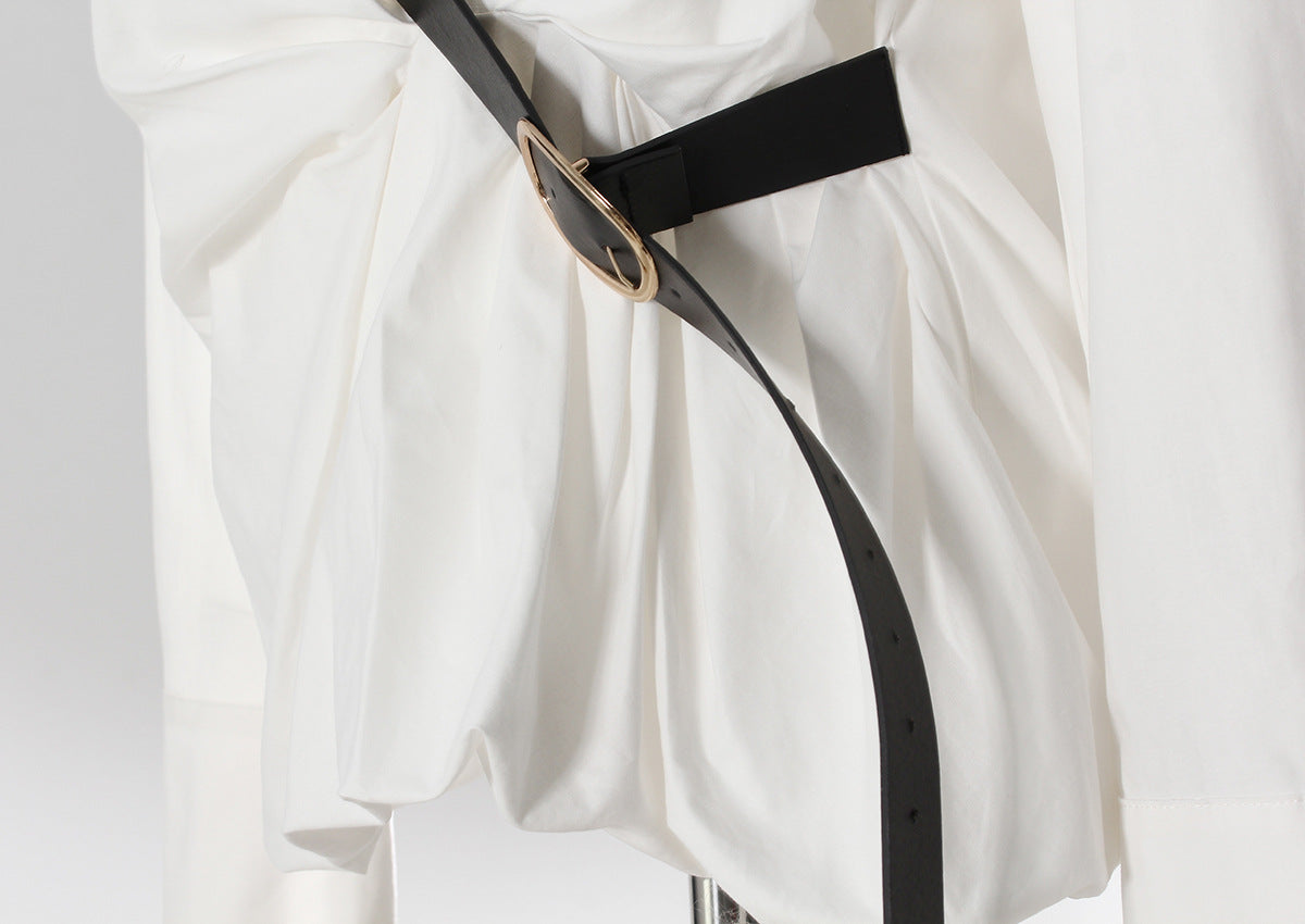 Pleated Waist Belted Mid-Length Shirt – White Casual Fashion Top - Modestly Vogue 