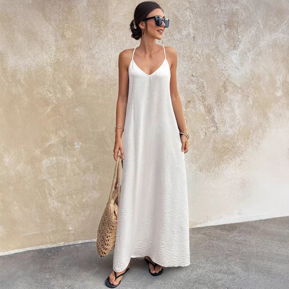 Casual Solid Color V neck Backless Sexy Sleeveless Strap Elegant Dress - Modestly Vogue 
