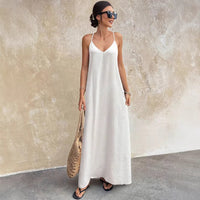 Casual Solid Color V neck Backless Sexy Sleeveless Strap Elegant Dress - Modestly Vogue 