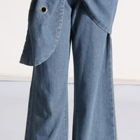 Blue Trendy Big Leaves Gold Accessories Stitching High Waist Wide Leg Jeans Women - Modestly Vogue 