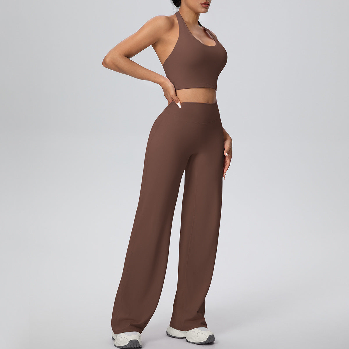 Micro Brushed Halter Exercise Baggy Straight Pants Fitness Yoga Wear Set