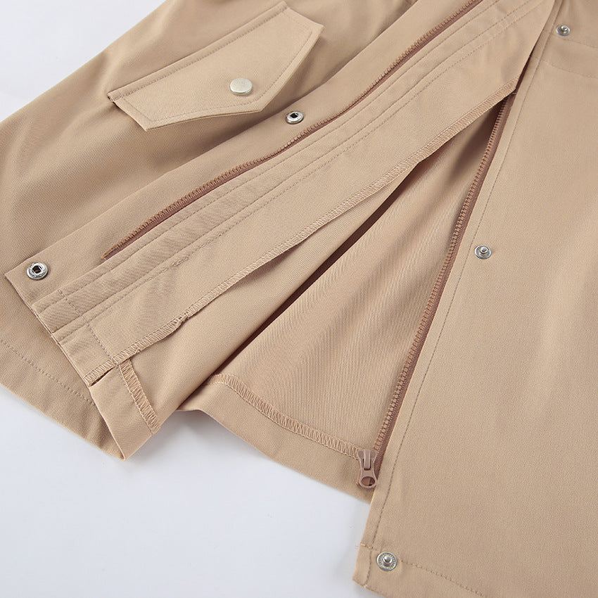 Women Mid Length Drawstring Trench Coat Casual Loose Fit - Modestly Vogue 