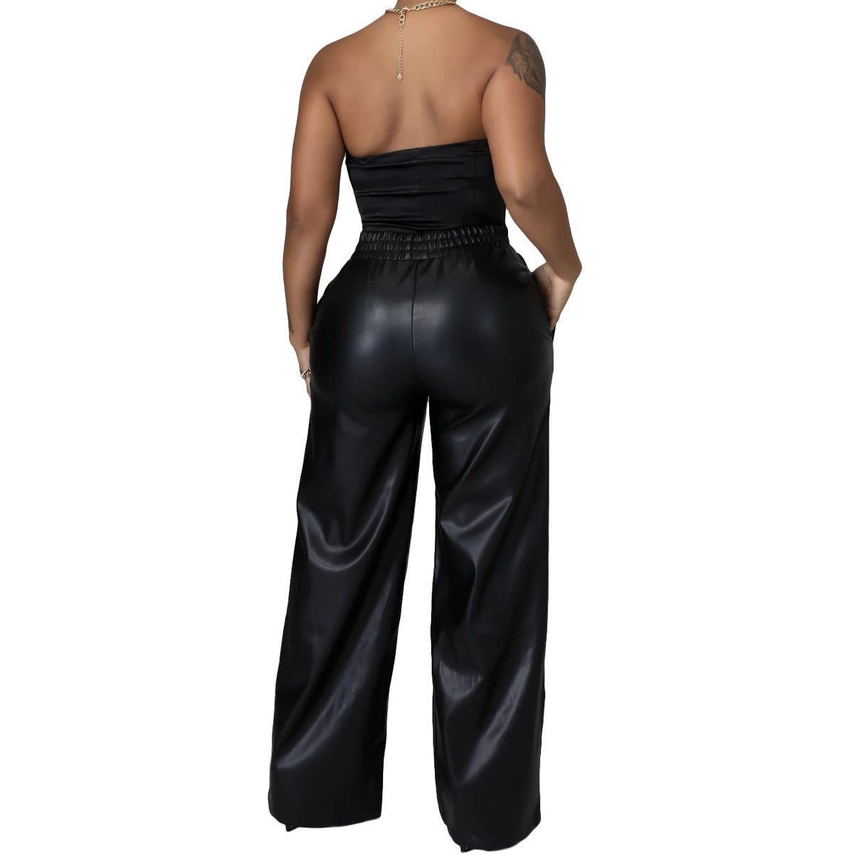 Women Clothing Solid Color Loose Wide Leg Pocket Faux Leather Pants - Modestly Vogue 
