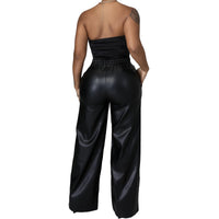 Women Clothing Solid Color Loose Wide Leg Pocket Faux Leather Pants - Modestly Vogue 