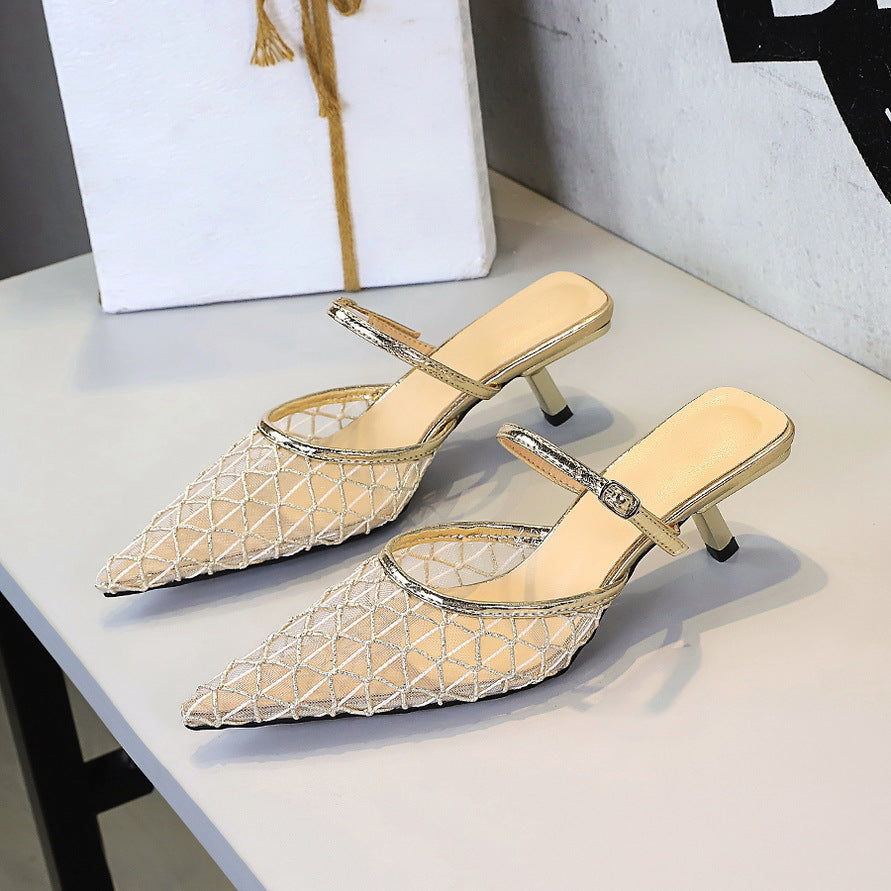 Mesh Lace Pointed Toe Stiletto Sandals Shoes Heels