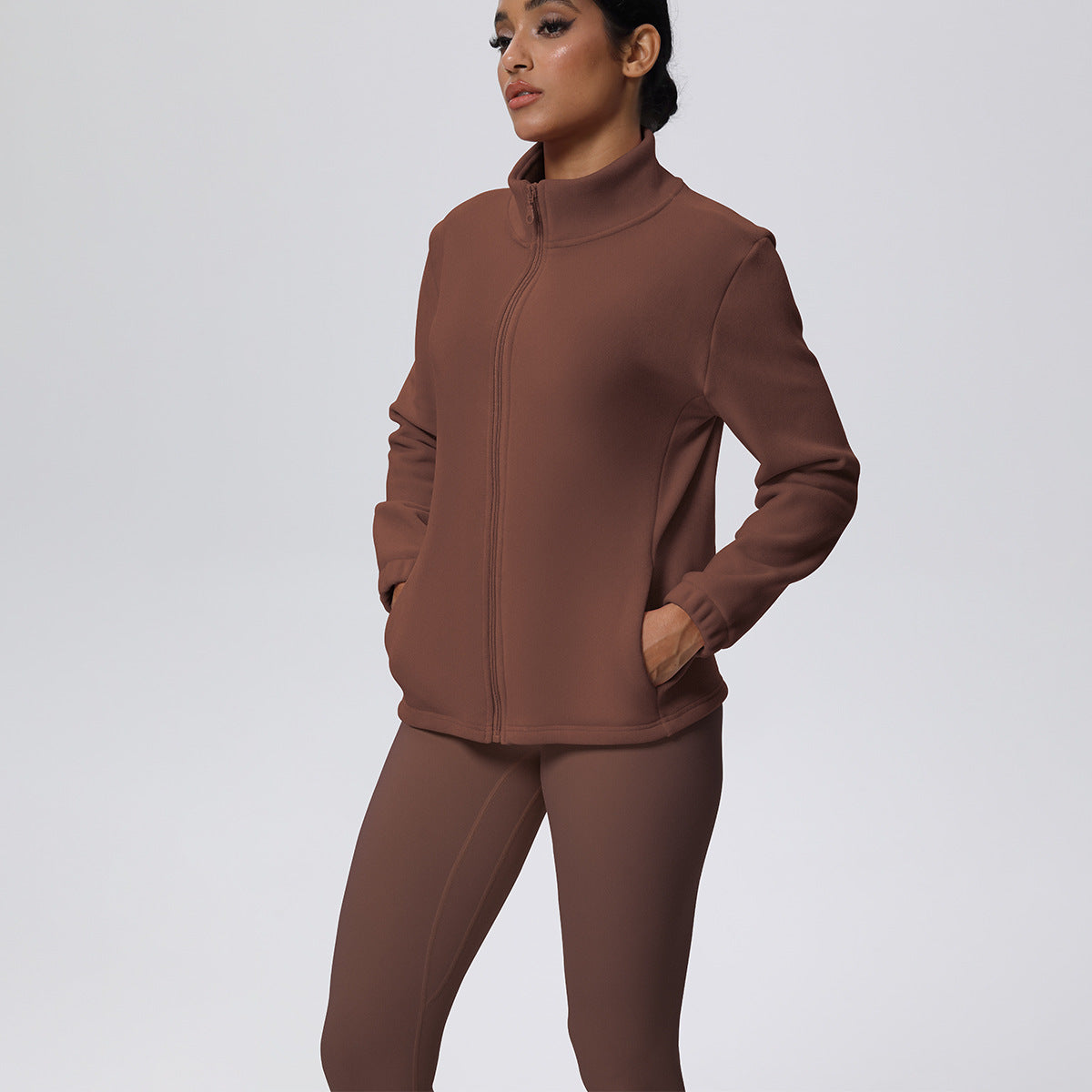 Women’s High Waist Yoga Suit with Long Sleeve Fleece Zipper Coat