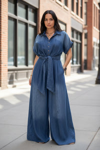 Polo Collar Breasted Lace up Short Sleeve Loose Wide Leg Denim Jumpsuit - Modestly Vogue 