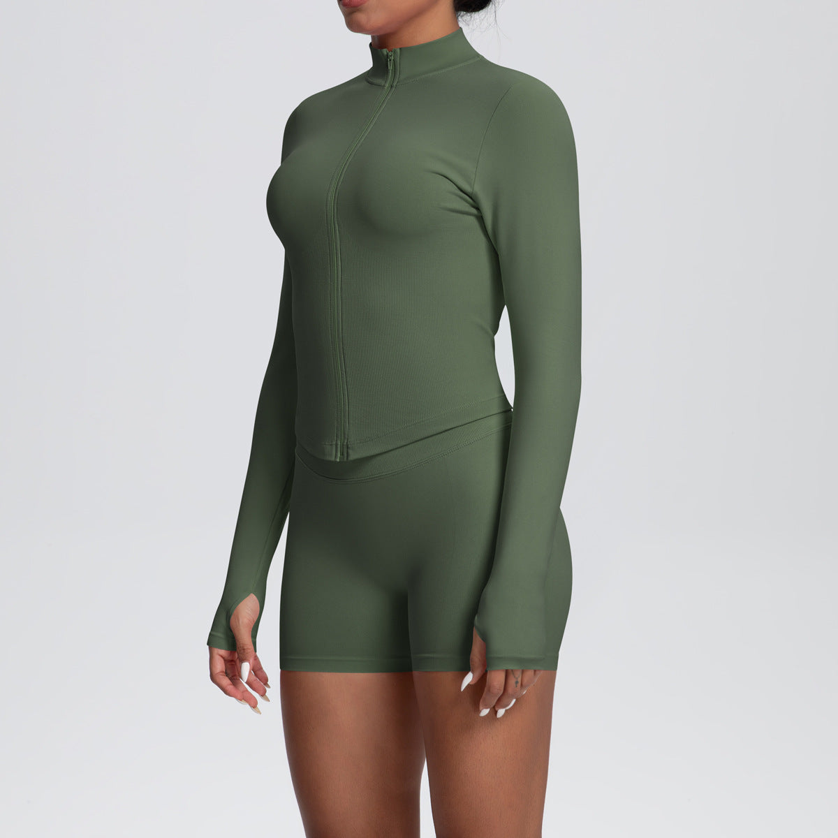 Stand Collar Knitted Long Sleeve Zipper Yoga Jacket Tight Quick Drying Yoga Shorts Fitness Yoga Wear Set for Women - Modestly Vogue 