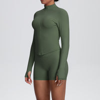 Stand Collar Knitted Long Sleeve Zipper Yoga Jacket Tight Quick Drying Yoga Shorts Fitness Yoga Wear Set for Women - Modestly Vogue 