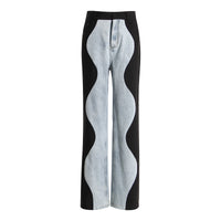 Black Blue Wave Stitch Jeans – Women’s Wide-Leg Denim Pants