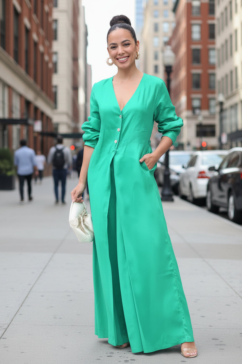 Summer Solid Color V neck Long Sleeve Sexy Waist Women Jumpsuit - Modestly Vogue 