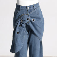 Blue Trendy Big Leaves Gold Accessories Stitching High Waist Wide Leg Jeans Women - Modestly Vogue 