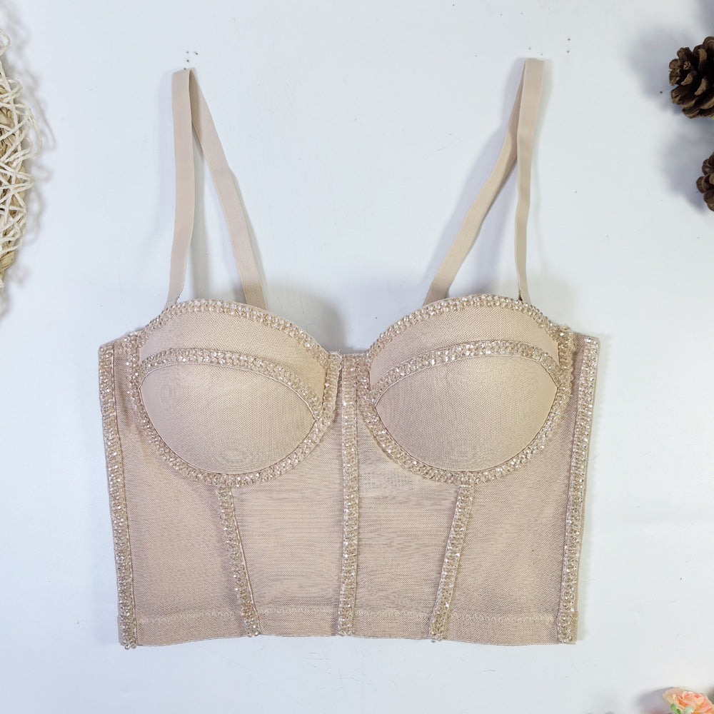 Sexy Beaded Mesh Bra Outer Wear Body Shaping Boning Corset Strap Crystal Tube Top - Modestly Vogue 