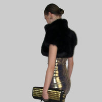 Black Solid Color Fur Short Cropped Short  Sleeve Jacket Cape