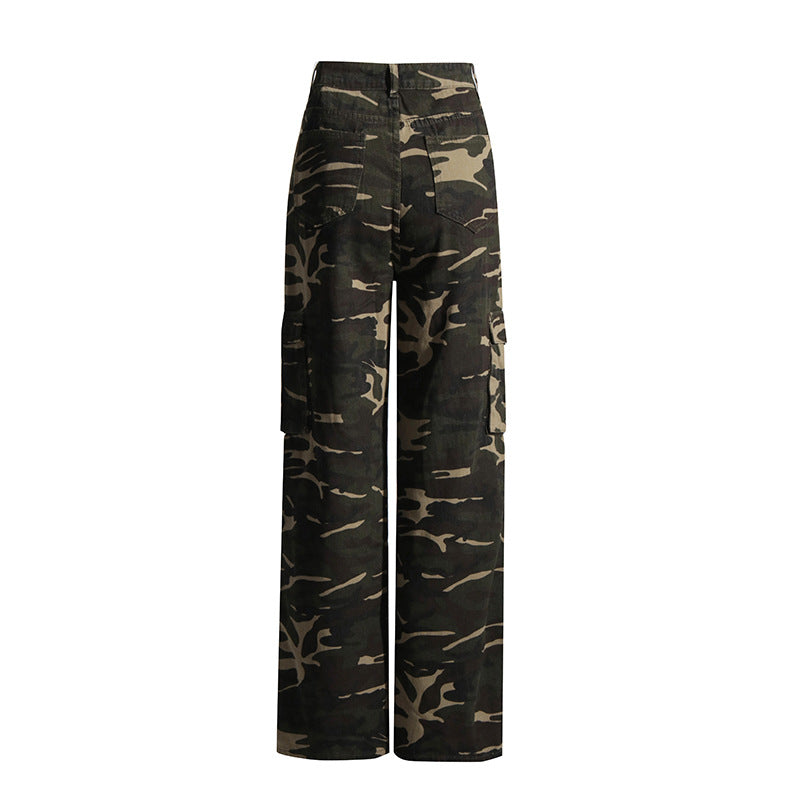 Earthtone High Street Retro Denim Camouflage Pants - Multi Pocket Workwear for Women