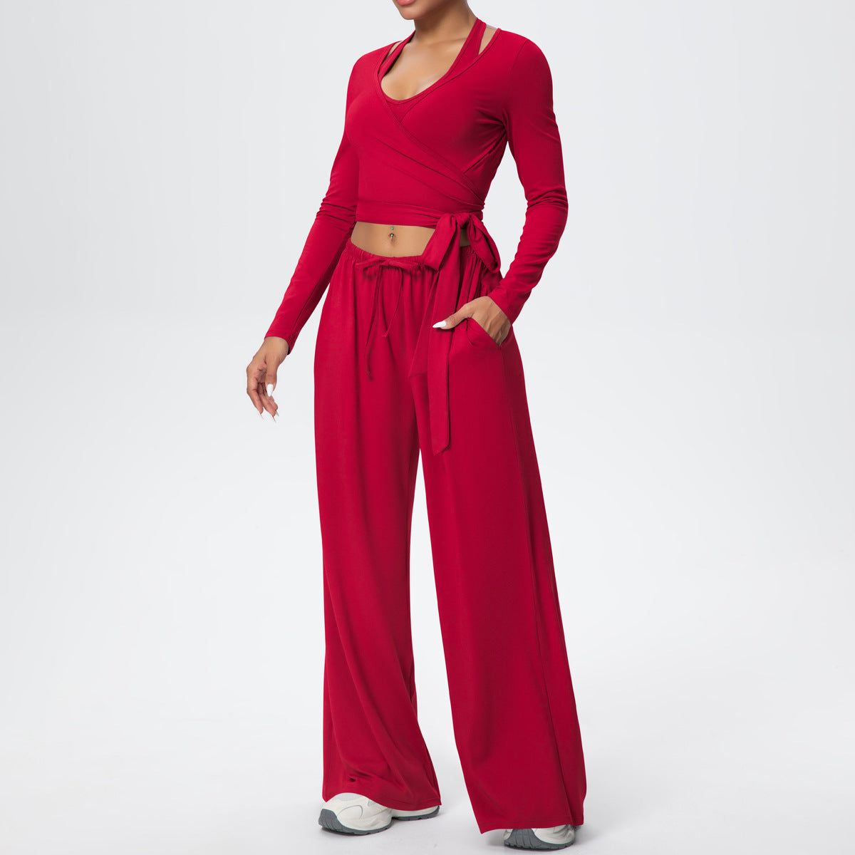 Brushed Quick Drying Yoga Suit Sling Beautiful Back Strap Long Sleeve Hammer Yoga Trousers Three Piece Set - Modestly Vogue 