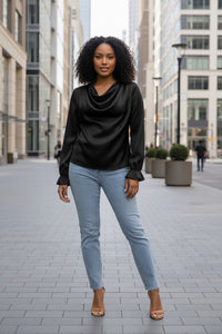 Women’s Ruffle Sleeve Satin Shirt – Elegant Long Sleeve Blouse - Modestly Vogue 