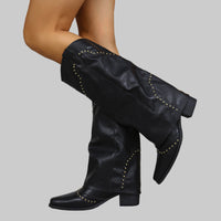 Retro Rivet High Top Western Cowboy Boot Women Long Mid Heel Pointed Toe Slip on Knight Boots Long Bootsh
