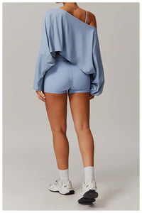 Off Shoulder Cropped Batwing Sleeve Long Sleeve Yoga Top - Modestly Vogue 